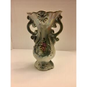 Vintage Iridescent Porcelain Vase Floral Relief Twin Handle Baroque Style *READ